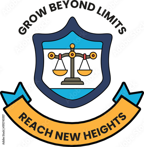 Black and white emblem shows scales on shield