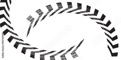Grunge tire track, wheel braking marks. Truck, car or motorcycle tread pattern silhouette. Auto race, motorsport, speed racing design element. Vector illustration