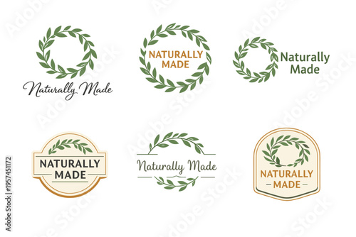 Naturally made logo designs featuring leaf wreaths with various fonts