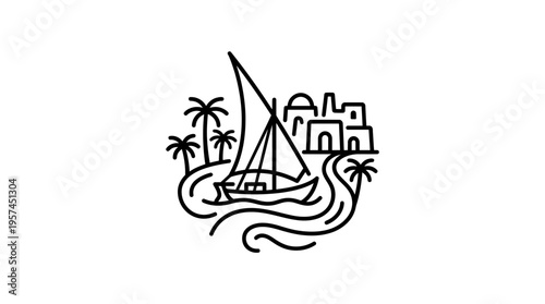 Minimalist Silhouette of a Sailboat Near a Coastal Town