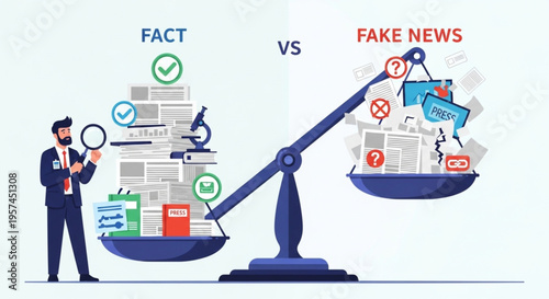 Fake News Detection Illustration with Businessman Analyzing Information Truth Versus Misinformation Scale Vector Design