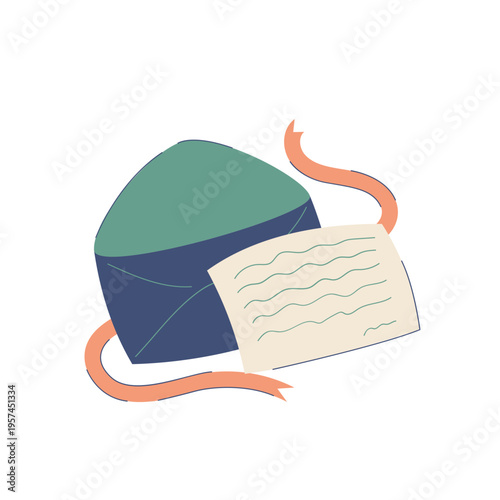 A whimsical illustration of an open blue and green envelope with a letter and playful orange ribbons on a clean white background with space for text.