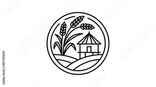 Minimalist Thai Symbol of Rice and Farmhouse