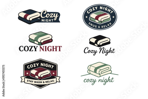 Collection of cozy night blanket logos with retro design elements
