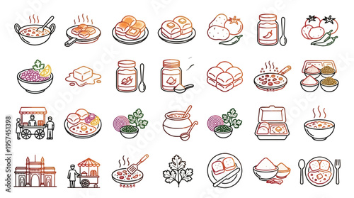 Pav Bhaji Indian street food icon set in linear gradient style. A collection of linear icons, including pav, bread, curry, butter, Mumbai, spice, cart, cooking, and more. Editable stroke.