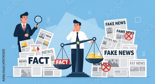 Fact vs Fake News Concept Vector with Balance Scale Comparing Truth and Misinformation Media Verification Illustration