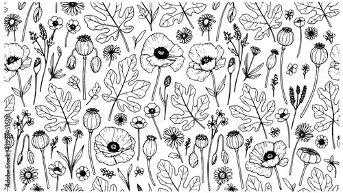 Seamless Black And White Vector Pattern Illustration Featuring Hand Drawn Poppy Flowers Chamomile Blossoms Leaves Seed Pods Botanical Line Art For Textile Design Background