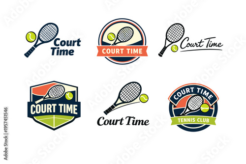 Collection of tennis logos featuring rackets and balls with court time text