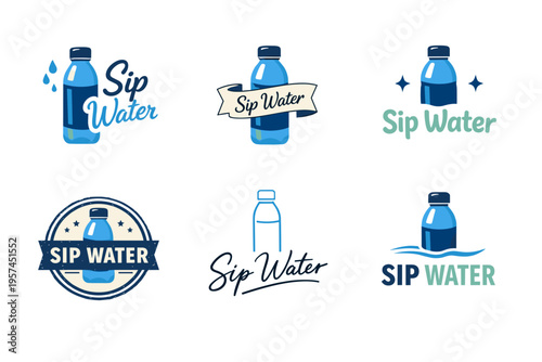 Collection of sip water bottle logos in various graphic styles