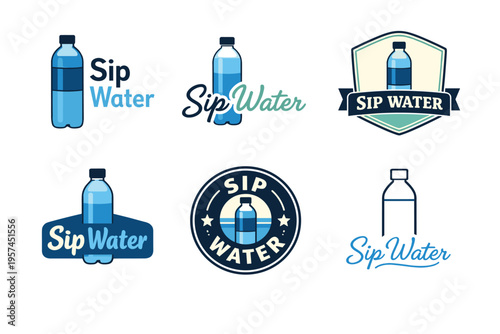 Collection of sip water bottle designs in various logo styles