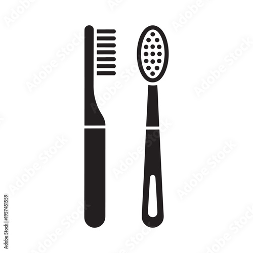 Simple black and white illustration of a toothbrush and a dental floss container