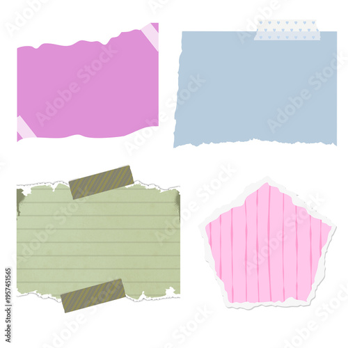 Collection of torn paper notes in different shapes, colors, and patterns, secured with tape