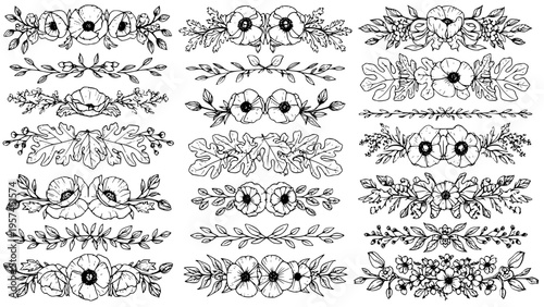 Hand-drawn botanical vector illustration set of elegant floral dividers and decorative borders perfect for vintage design projects, wedding invitations, cards, frames, and natural graphic art elements