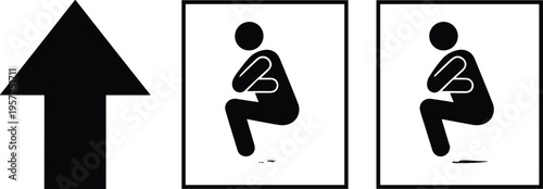Instructional vector illustration showing squatting posture comparison with hygiene indicators, upward arrow symbolizing improvement, sanitation awareness, and behavioral guidance.