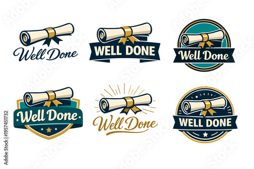 Various well done emblems featuring rolled scrolls with ribbons and stars