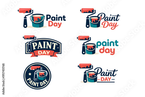 Paint day logos with roller and paint elements in various designs
