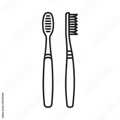 Two toothbrushes one scraper depicted in a simple black and white line drawing