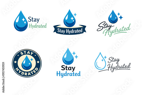 Stay hydrated logos with water droplets and text variations