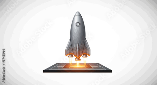 3D illustration of a silver rocket ship launching from a platform with flames