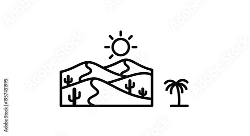 Minimalist desert landscape illustration with sun cacti and palm tree