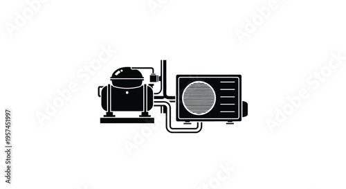 Black and white illustration of an air conditioning unit and related components