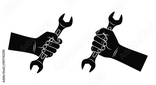 Two hands each holding a black wrench in a stark silhouette style