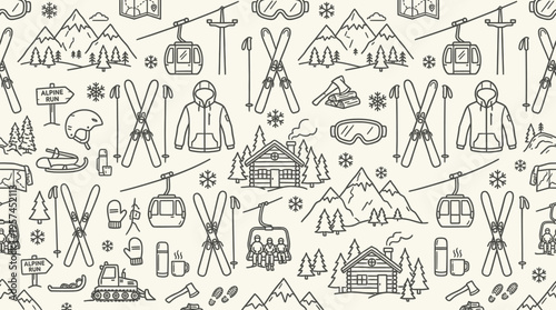 Seamless Pattern of Winter Ski Resort Elements and Mountain Adventure Icons on Light Cream Background