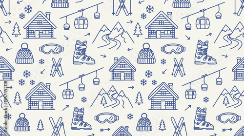 Seamless Pattern of Ski Resort Village Elements and Winter Gear on Light Cream Background