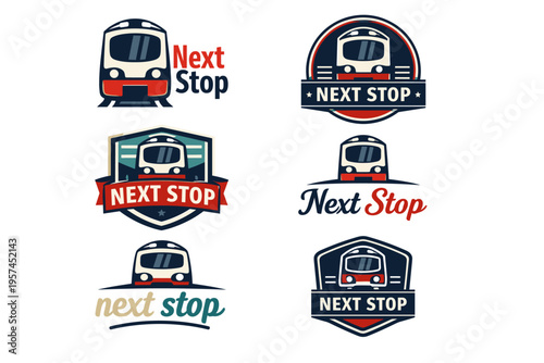 Set of retro train logos with 'next stop' text and iconic train illustrations