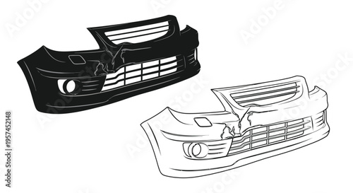Damaged car front end sketches illustrating impact and structural deformation