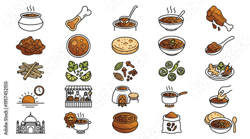 Indian Nihari Food Icon Set in Linear Style. A collection of traditional meat curry icons, including mutton paya, beef stew, naan bread, tandoor, spices, ginger, chili, and more. Vector art.