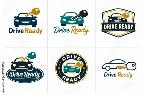 Drive ready logos: car and key symbols for automotive business branding