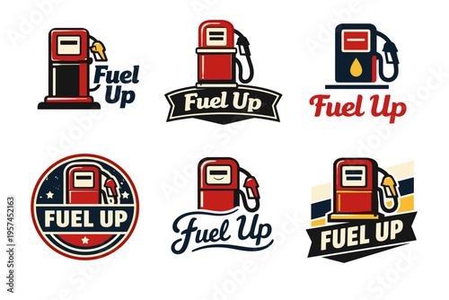 Retro gas pump logos with 'fuel up' designs and vintage style