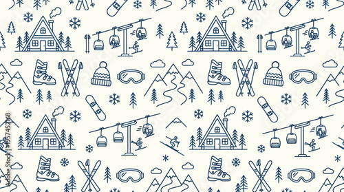 Seamless Pattern of Ski Resort Village and Winter Sport Activities on Light Cream Background