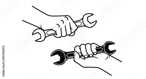 Hands gripping wrenches in a black and white illustration
