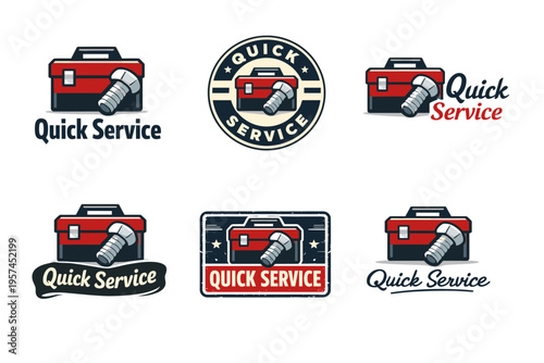 Quick service logos with toolbox and wrench illustrations