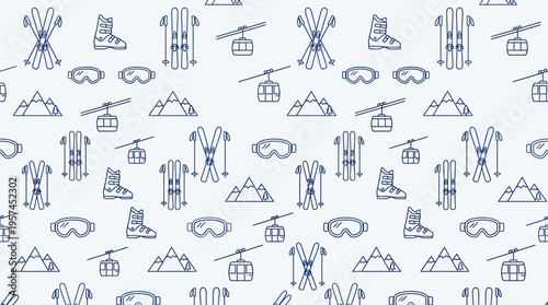 Seamless Pattern with Ski Equipment and Mountain Cabins on Light Blue-Grey Background