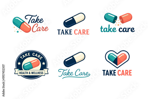 Collection of health and wellness logos featuring capsules and typography