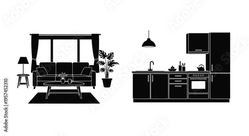 Minimalist black silhouette of a living room and kitchen interior