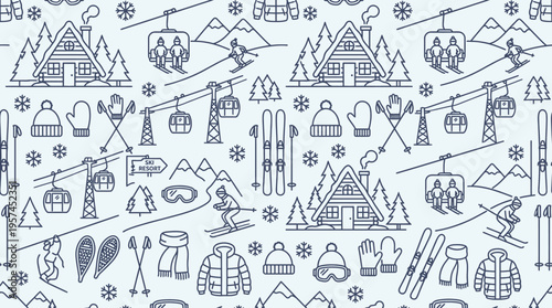 Winter Wonderland Ski Resort Village Seamless Pattern on Light Blue Background
