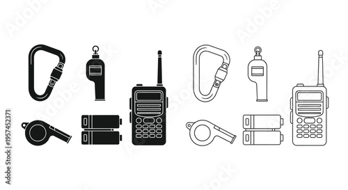 Black and white line art depicting outdoor safety and communication equipment