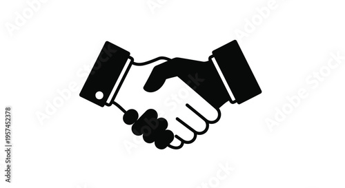 A simple black and white illustration of two hands shaking