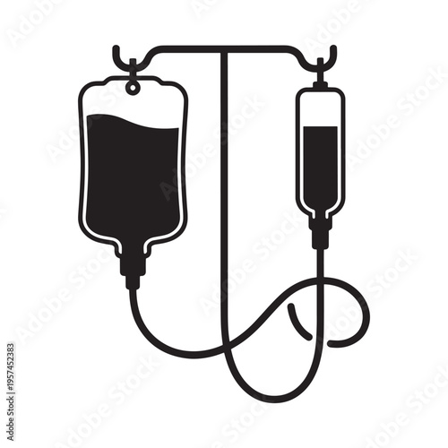 Medical iv drip Two fluid bags connected with tubing in monochrome