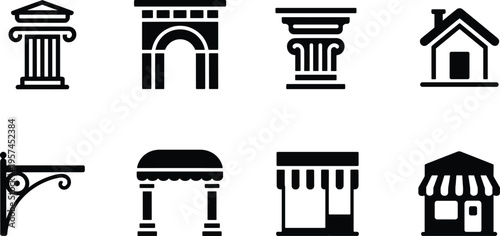 Classic architecture icon set, column arch house storefront awning facade vintage elements black and white minimal vector illustration collection