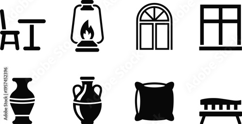 Furniture and decor icon set, chair table lantern window vase cushion bench black and white minimal vector illustration collection