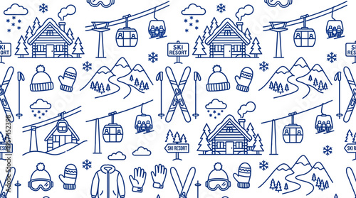 Winter Ski Resort Elements Seamless Pattern with Gear and Cabins on Light Blue Background