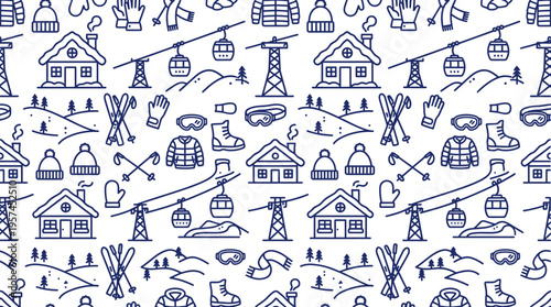 Winter Village Ski Resort Seamless Pattern with Cabins and Ski Lifts on White Background