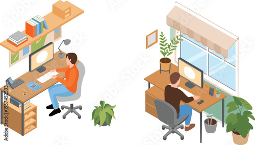 Home office workspace comparison illustration, isometric desk setup computer remote work interior design modern productivity flat vector scene concept