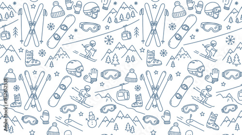 Winter Ski and Snowboard Gear Seamless Line Art Pattern on White Background