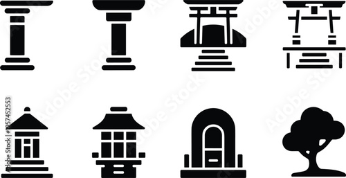 Japanese architecture icon set, torii gate shrine pagoda stone lantern tree traditional culture black and white minimal vector collection